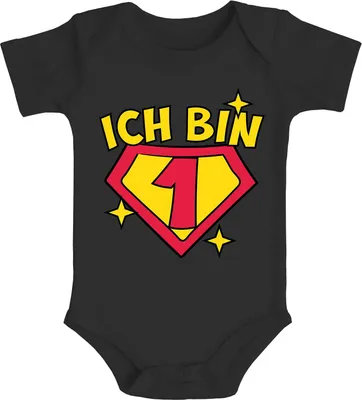 Produktbild von Babybody 1. und 2. Geburtstag Superheld Geschenk lustig Geburtstagsshirt kurzarm Body Baumwolle Moonworks® 1 Jahr schwarz 0-3 Monate