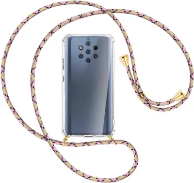 Produktbild von Handykette Backcover-Schutzhülle mit Band (Metall goldfarben) für Nokia 9 PureView - rosa Karo