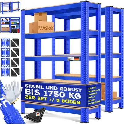 Image de MASKO® Lot de 2 étagères de rangement, étagères pour charges lourdes, étagères de cave, tablettes réglables, panneaux MDF, étagères métalliques, étagères à emboîter, étagères d'atelier, cave, garage