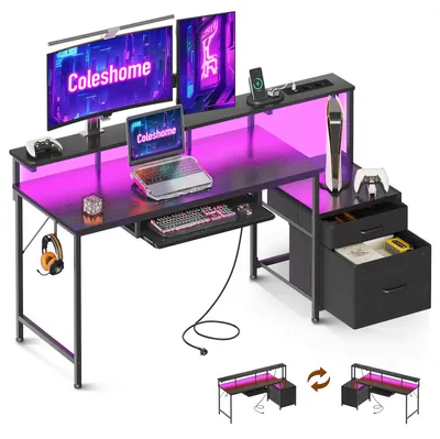 Schreibtisch mit Schubladen, 140x48 cm, USB & LED, schwarz