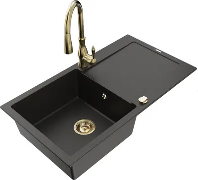 Produktbild von Mexen Leo 1 Becken-Granitspüle mit Abtropffläche und Mischbatterie Savita, Schwarz/Gold metallisch - 6501-75-672601-50