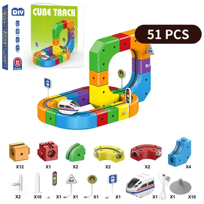 Image de Circuit de train électrique - Jouet éducatif STEM - Véhicules antigravité - Recharge USB - Set de train de 51 pièces pour enfants de 3 à 6 ans