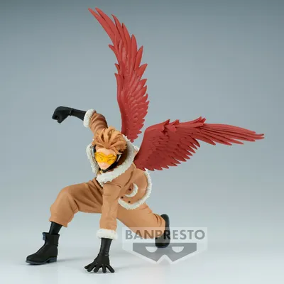 A figurine of the anime character Hawks from My Hero Academia, posed in an action stance with his wings spread.