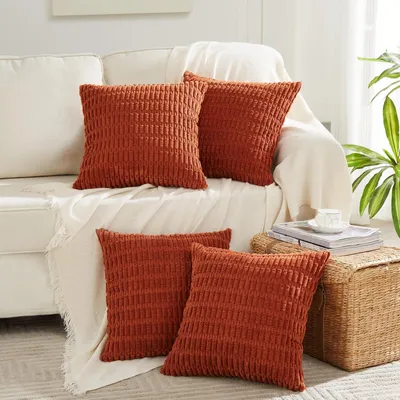 Produktbild von 4er-Set Kissenbezüge, 45 x 45 cm, rostbraun, einfarbig, flauschiger Cord, dekorative Kissenbezüge, Sofakissen, Herbstdekoration für Sofa, Schlafzimmer, Wohnzimmer, Balkon