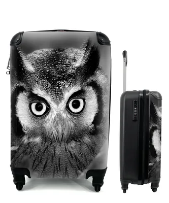 Produktbild von MuchoWow® Koffer Handgepäck Trolley Rollkoffer Kleine Reisekoffer mit 4 Rollen - Vogel - Eule - Porträt - Schwarz - Weiß - Cabin Size < 55x40x23 cm & 55x40x20 cm - Fotokoffer - Kabinenkoffer - Boardgepäck - Reise-Box - Reisekoffer - Reisegepäck - Koffer mit Bild - Trolley für Kinder