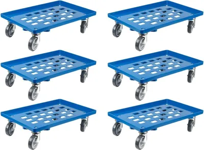 Produktbild von SparSet 6x Transportroller für Euroboxen 60x40cm mit Gummiräder blau | Gitter/Rasterdeck | 2 Lenkrollen & 2 Bockrollen | Traglast 300kg | Kistenroller Logistikroller Rollwagen Profi-Fahrgestell