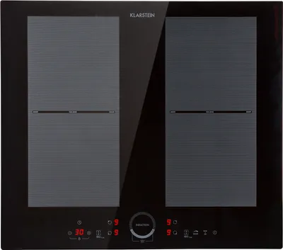 Top-down view of a black induction cooktop with two heating zones.