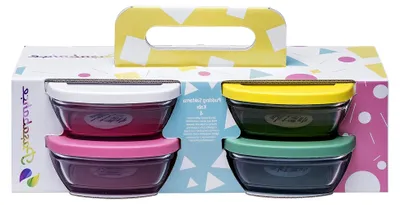 Produktbild von Set aus 4 Glas Vorratsdosen mit bunten Kunststoffdeckeln 310cc