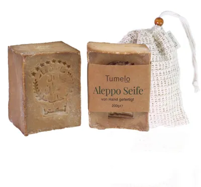 Produktbild von TUMELO Original Aleppo Seife 2 x 200g (400g) 95% Olivenöl 5% Lorbeeröl + Sisal Seifensäckchen, handgemachte Olivenölseife Naturseife