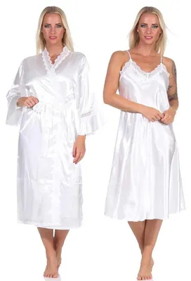 Produktbild von Damen 2 Teiler Kimono Negligé Nachtmantel Satinrobe mit Spitze; Ecru/S/36