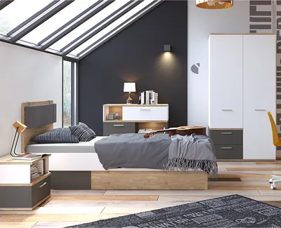 Produktbild von Jugendzimmer Set 4-teilig TOMAR-129 mit Bett 120x200cm in Eiche Nb. mit weiß und grau