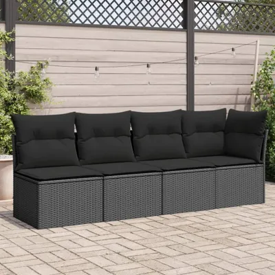 Produktbild von Design Gartensofa mit Kissen 4-Sitzer Schwarz Poly Rattan, Gartensofas 2024 Neu