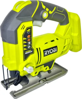A Ryobi cordless jigsaw is shown from a three-quarter front view against a white background.