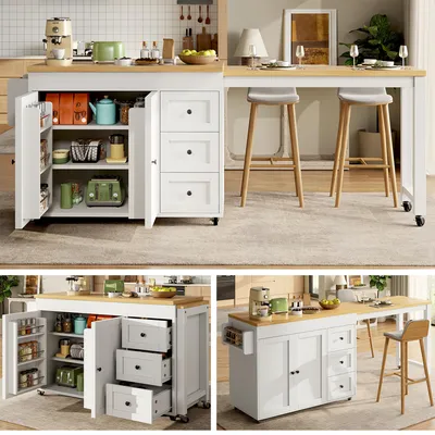 Productafbeelding van Uitschuifbaar keukenblok, 116-179,5 cm, met 3 lades, snackplanken en wielen (wit)