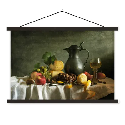 Produktbild von MuchoWow® Textilposter Rustikal - Käse - Teekanne - Obst - Stilleben 60x40 cm mit schwarzem Rahmen - Hölzernes