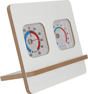 Produktbild von Innenwetterstation mit Holzständer Weiß Zimmerthermometer Innen und Hygrometer Set Analoge Temperatur und Luftfeuchtemessung für angenehmes Raumklima