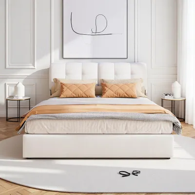 Obrázek produktu pro Čalouněná postel ProximaX 140x200 cm, čtvercový design opěradla, LED osvětlení, úložný prostor pod postelí, pohodlné spaní, vhodná do ložnice, béžová barva