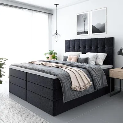Produktbild von Bett, Boxspringbett MERA PLUS mit 2-Matrazen und VISCO Topper, Doppelbett, Stauraum, Schlafzimmer, Polsterbett, 120x200 cm (Schwarz - Aura 18)