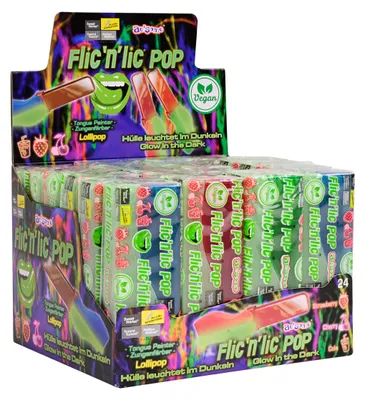 Zdjęcie produktu dla Flic n Lic Pop Glow in the Dark Lutscher leckerer Lolly 14g 24er Pack