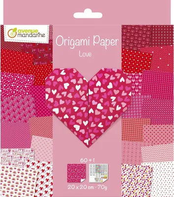 Produktbild von Avenue Mandarine OR518C - Packung mit 60 Blatt Origamipapier, vorder- und rückseitig bedruckt, 20x20 cm, 70g + 1 Stickerbogen mit Augen, 1 Pack, Love