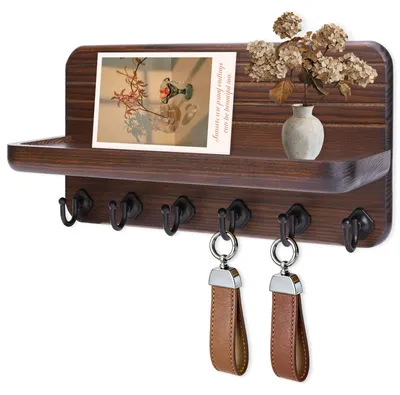 Produktbild von Schlüsselbrett mit Ablage, Holz, 6 Schlüsselhaken, braun