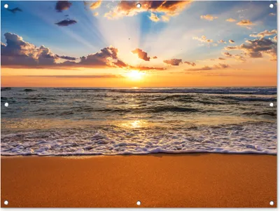 Produktbild von MuchoWow® 120x90 cm Outdoor-Poster Gartendeko Sichtschutz Garten Poster für den Garten  Strand - Sonnenuntergang - Meer - Wolken - Horizont
