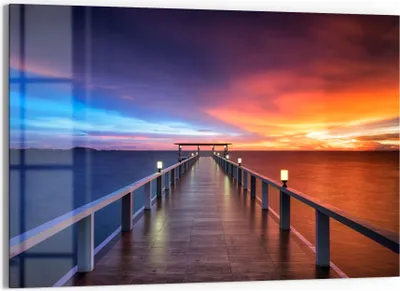 Produktbild von DEQORI Glasbild Echtglas 90x60 cm 'Holzkai am Abend' Wandbild Bild modern Deko