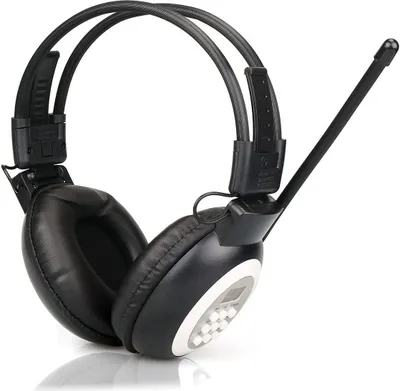 A studio shot of a pair of black headphones with a white accent and a small digital display.