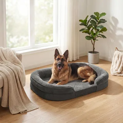Produktbild von FEANDREA Hundebett, Hundekissen, wasserdichte Innenschicht, erhöhte Ränder, abnehmbarer, waschbarer Bezug, Bleigrau