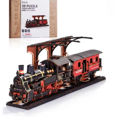 Image de puzzle 3D en bois locomotive à vapeur Steam Journey, 405 pièces, modèle de train, kit de bricolage DIY, idée cadeau, design authentique de locomotive à vapeur, cadeaux pour enfants