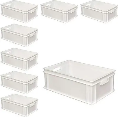 Produktbild von 8 Eurobehälter mit 2 Durchfassgriffen 600 x 400 x 220 mm, 43 Liter, PE-HD weiß