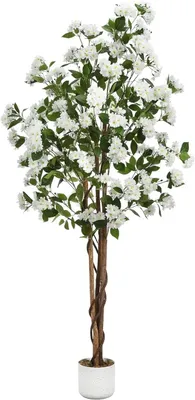 Obrázek produktu pro Umělá osmantová rostlina - pokojová rostlina v květináči - výška 180 cm - realistické bílé květy - přírodní dřevěný kmen - vhodná pro použití v interiéru i exteriéru - bílá