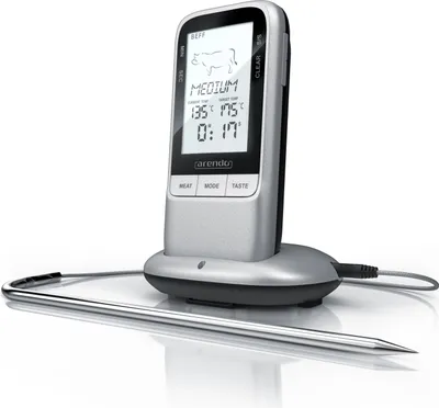 Produktbild von Arendo Grillthermometer digital Funk Kabellos - Fleischthermometer mit Edelstahlsonde - Kerntemperatur - Alarm – BBQ Steak Grill Meat Fleisch -Countdown / Countup – bis 250°C