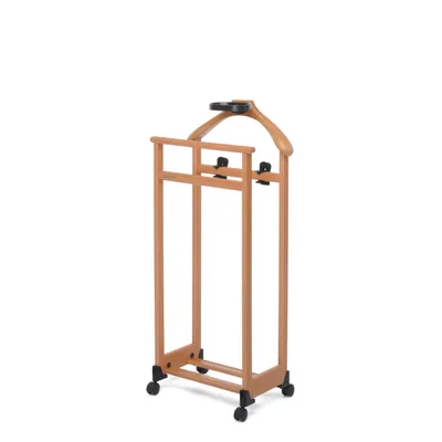 A wooden valet stand with wheels against a white background.