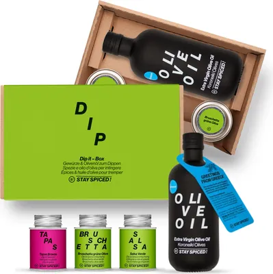 Obrázek produktu pro UDRŽUJTE SVÉ JÍDLO PLNOCHUŤNÉ! Sada DIP-IT s 3 vybranými kořeními + 500 ml olivového oleje | ideální pro každý snack nebo k grilování