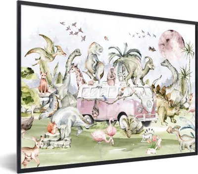 Produktbild von MuchoWow® Gerahmtes Poster Dinosaurier - Kinder - Bus - Bäume - Tiere - Kinder 40x30 cm - Poster mit Schwarzem Bilderrahmen Wandposter Rahmen Foto Bilder - Kunstposter - Wanddekorationen
