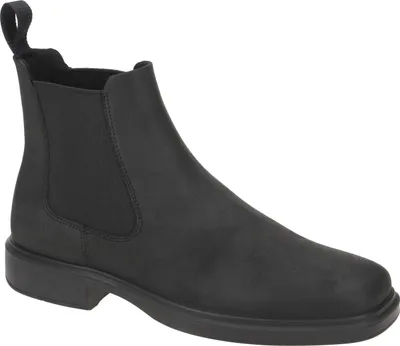 A black Chelsea boot is shown against a white background.