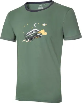 Olivgrünes T-Shirt für Herren mit einem Druck eines Busses und Wolken; Modell "CLASSIC T ORGANIC Men Magic Bus" von Ocun.