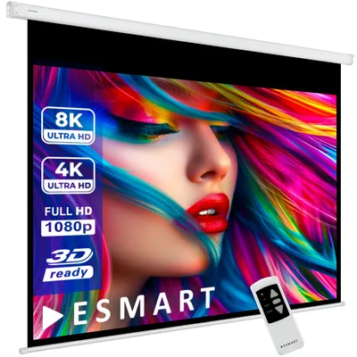 A projection screen displaying a colorful image of a woman's face, with text overlays indicating resolution and features, and a remote control in the foreground.