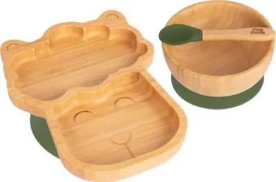Produktbild von 3pc Olivgrün Kinder Bambus Lama Teller, Schüssel & Löffel-Set mit Silikon-Saugnapf - Segmentiertes Design Baby & Kleinkind Entwöhnung Geschirr - Umweltfreundlich & Biologisch Abbaubar - Von Tiny Dining