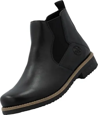 A black Chelsea boot is shown against a white background.