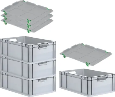 Produktbild von SuperSparSet 4x Eurobox NextGen Grip mit Auflagedeckel inkl. 4 grünen Schiebeschnappverschlüssen | HxBxT 22x40x60cm | 44 Liter | Grau | Griffe offen | Verstärkter Boden | Eurobehälter, Transportbox, Transportbehälter, Stapelbehälter
