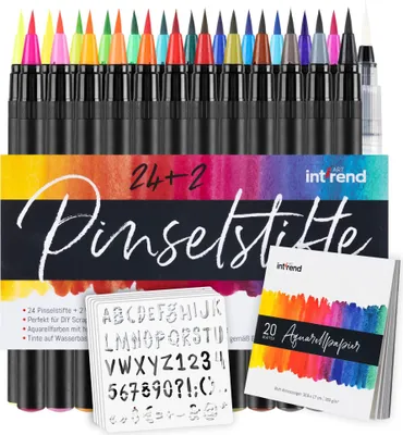 Produktbild von int!rend Brush Pen Set 51-teilig - 24 Aquarellstifte, 2 Wasserstifte, 20 Blätter Aquarellpapier, 5 Schablonen - Handlettering Stifte, Pinselstifte für Bullet Journal
