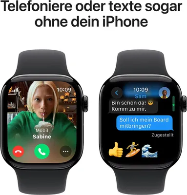 Produktbild von Watch Series 10 GPS + Cellular, 42 mm Aluminiumgehäuse Diamantschwarz, Sportarmband Schwarz - S/M