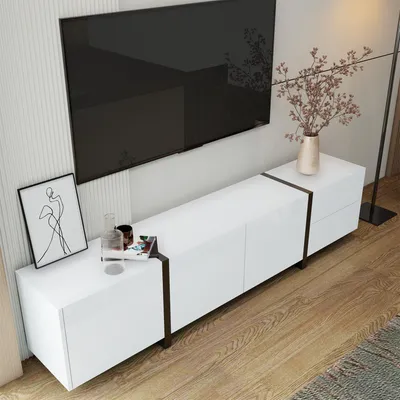 Image de MODFU Meuble TV - Design contemporain avec LED intégrée, portes et tiroirs, finition brillante - 170 × 30 × 39 cm - Blanc
