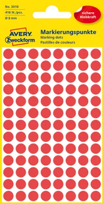 Immagine prodotto di Avery Zweckform® 3010 Punti marcatori - Ø 8 mm, 4 fogli/416 etichette, rosso