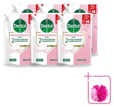 Productafbeelding van 6 x Dettol handzeep navulling, hypoallergeen, voor de gevoelige huid - 500 ml - voordeelverpakking - 6 stuks