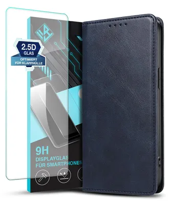 A product shot of a blue flip phone case and a screen protector.