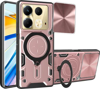 Produktbild von Handyhülle für Infinix Note 40 4G Dual-Layer Stoßfest Rüstung Hülle mit Dia Kameraschutz und Kreisförmig Ring Ständer Roségold