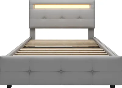 Produktbild von Merax Polsterbett 90x200cm mit LED, Schubladen und höhenverstellbarem Kopfteil, Funktionsbett Einzelbett mit Lattenrost und Leinenbezug in Grau